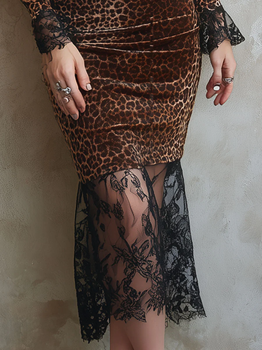 Elegant Lace Leopard Patchwork Fishtail Midi Dress - Image 3
