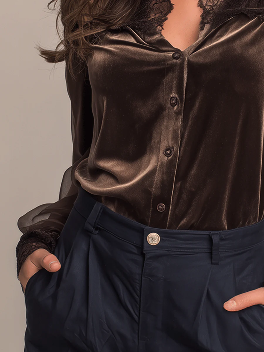 Elegant Lace Panel Velvet See-Through Sleeve Shirt - Image 2