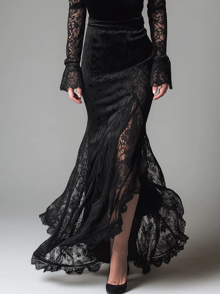 Elegant Lace-Sleeved Velvet Evening Maxi Dress - Image 3