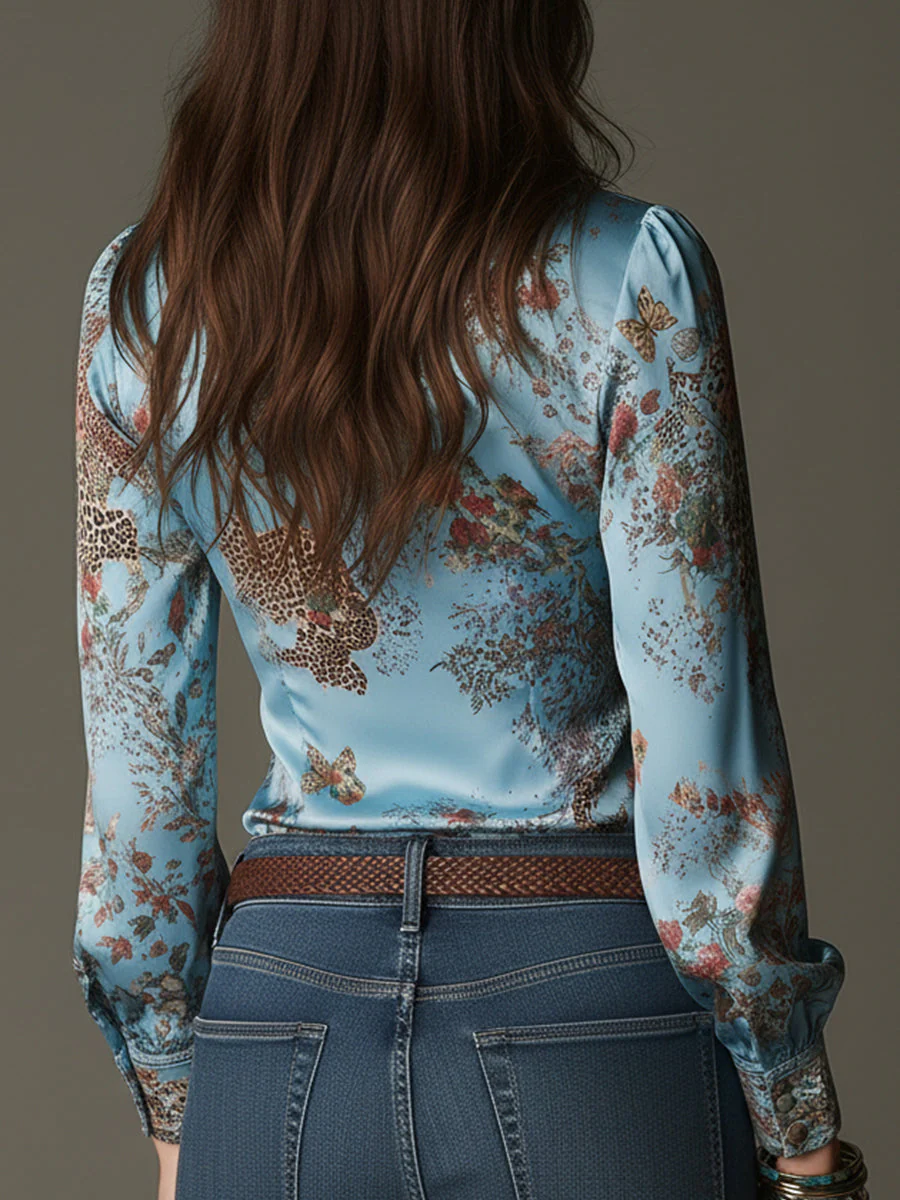 Elegant Leopard Print Satin Blouse With Front Zipper - Image 3