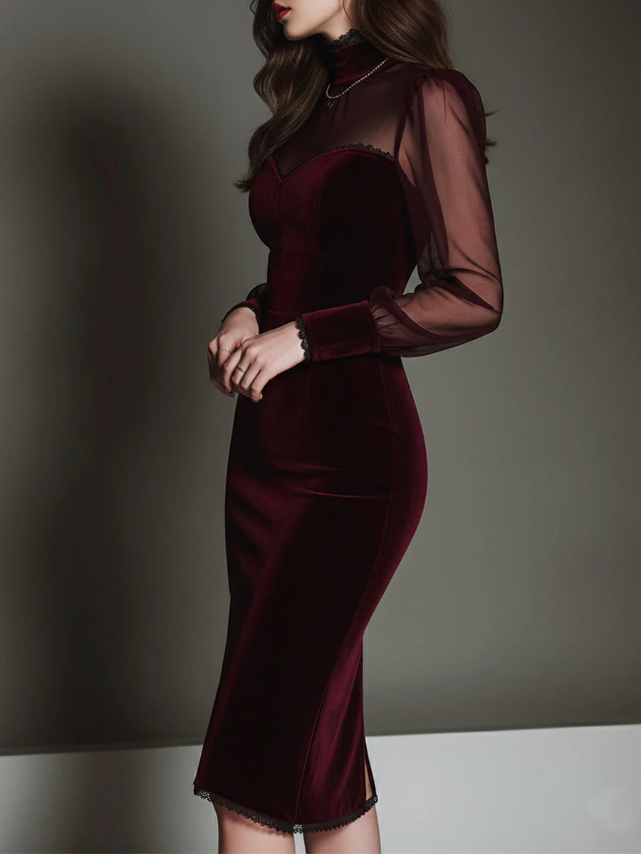 Elegant Mesh Polyester Velvet Stitching Sweetheart Neckline Slim Midi Dress - Image 2