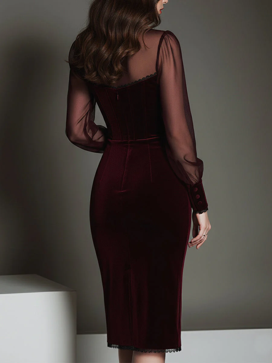 Elegant Mesh Polyester Velvet Stitching Sweetheart Neckline Slim Midi Dress - Image 3