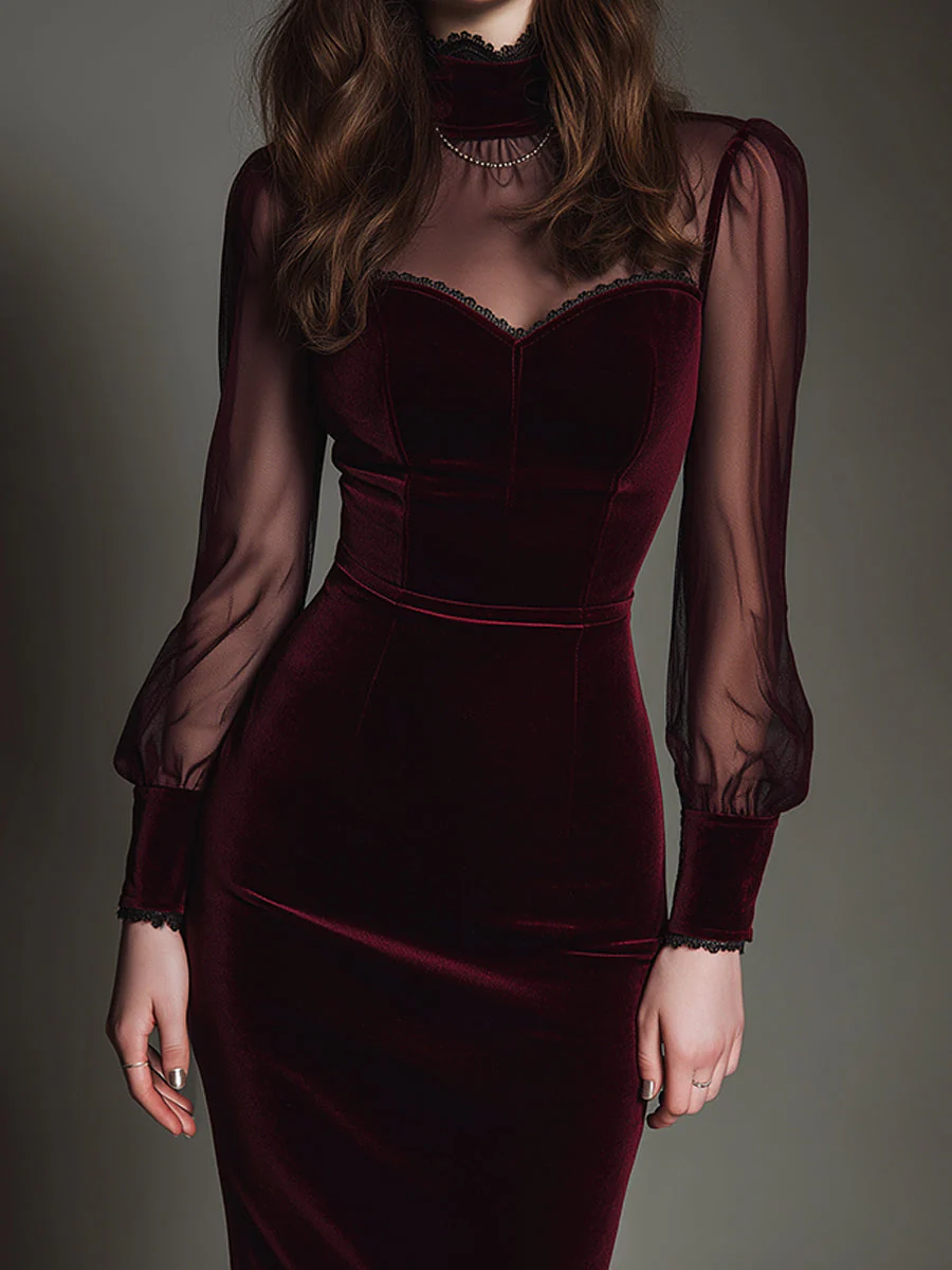 Elegant Mesh Polyester Velvet Stitching Sweetheart Neckline Slim Midi Dress - Image 4