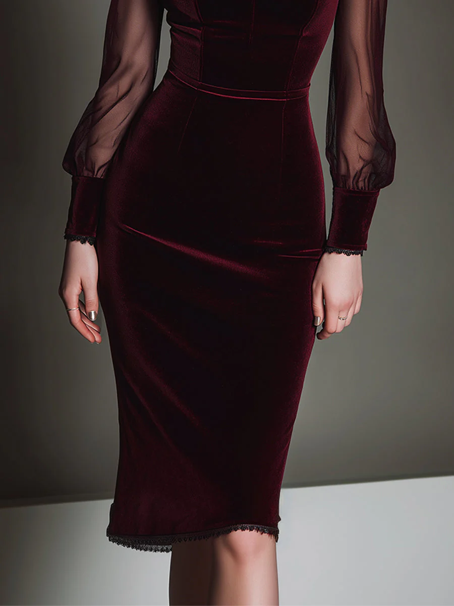 Elegant Mesh Polyester Velvet Stitching Sweetheart Neckline Slim Midi Dress - Image 5