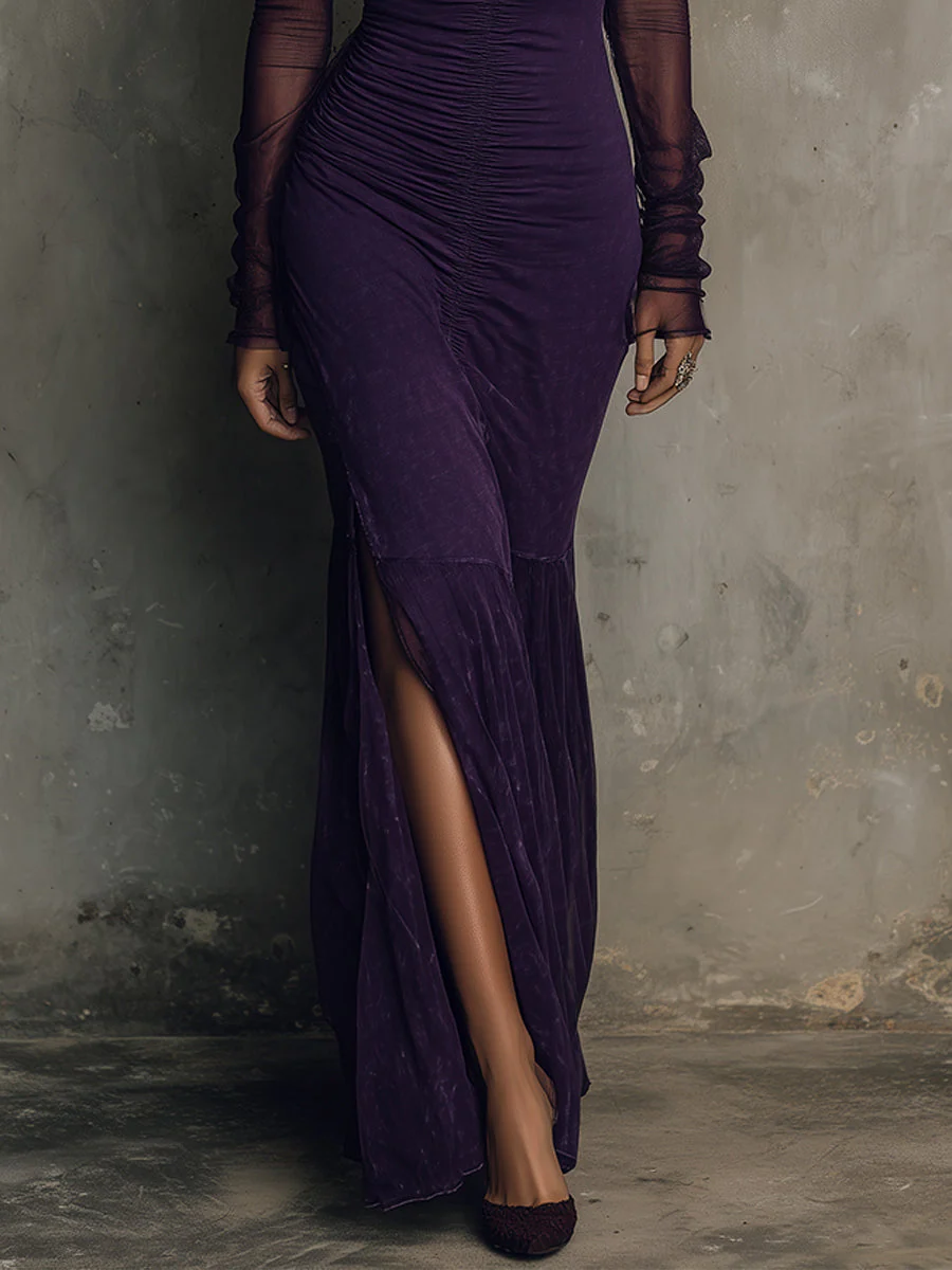 Elegant Mesh Spliced washed Cotton Hem Slit Maxi Dress - Image 3