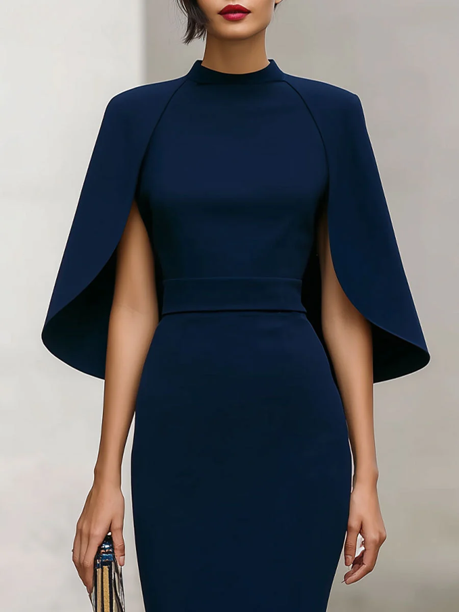 Elegant Navy Cape-Sleeve Midi Dress - Image 2