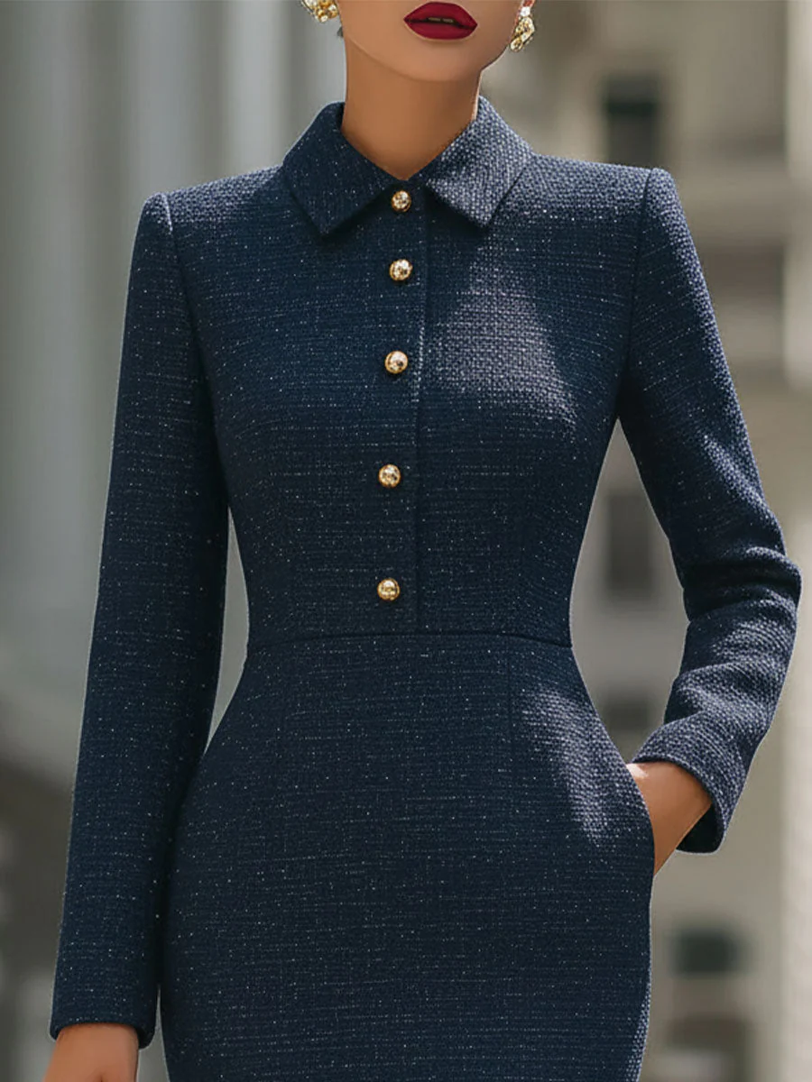 Elegant Navy Tweed Collared Midi Sheath Dress With Gold Accents - Image 2