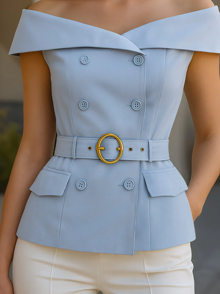 Elegant Off-Shoulder  Belted Blazer Top - Image 3