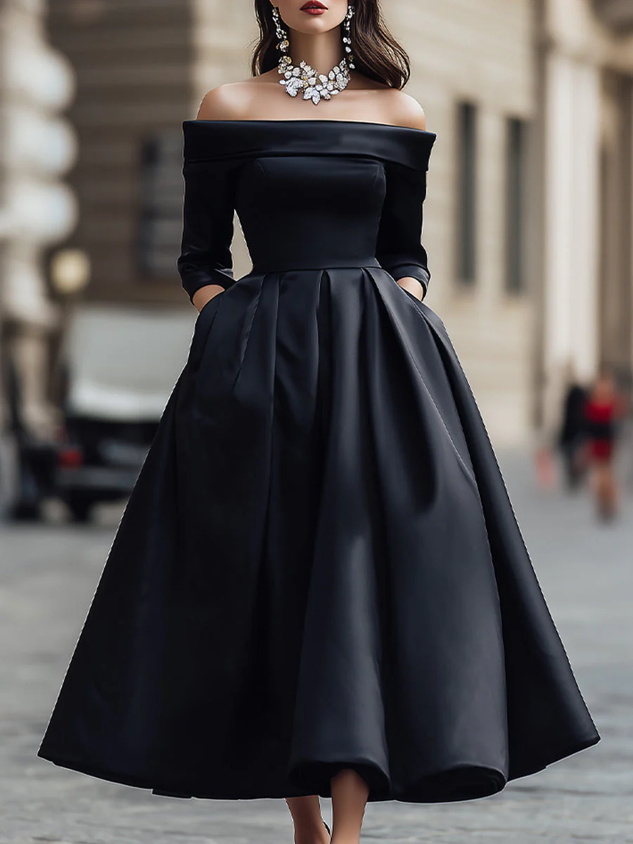 Elegant Off-Shoulder Satin Midi Dress