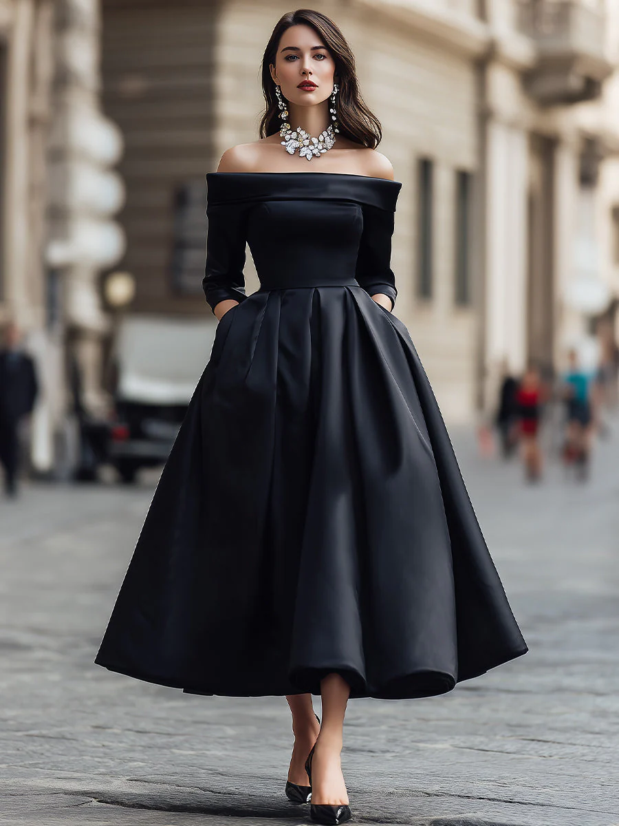 Elegant Off-Shoulder Satin Midi Dress - Image 2
