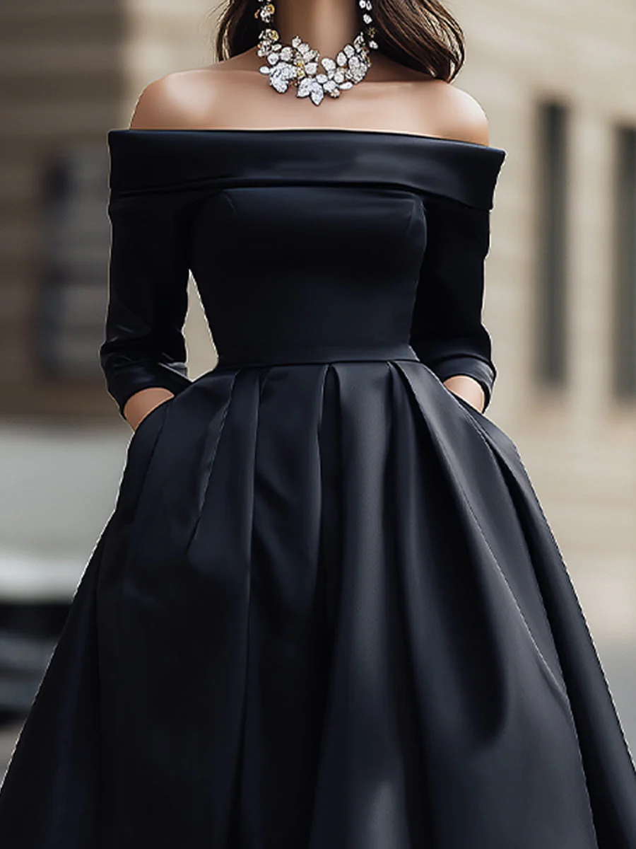 Elegant Off-Shoulder Satin Midi Dress - Image 3
