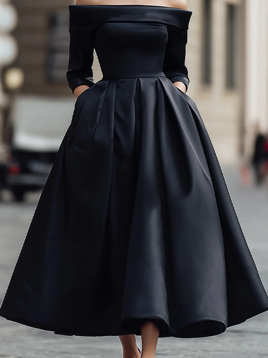Elegant Off-Shoulder Satin Midi Dress - Image 4