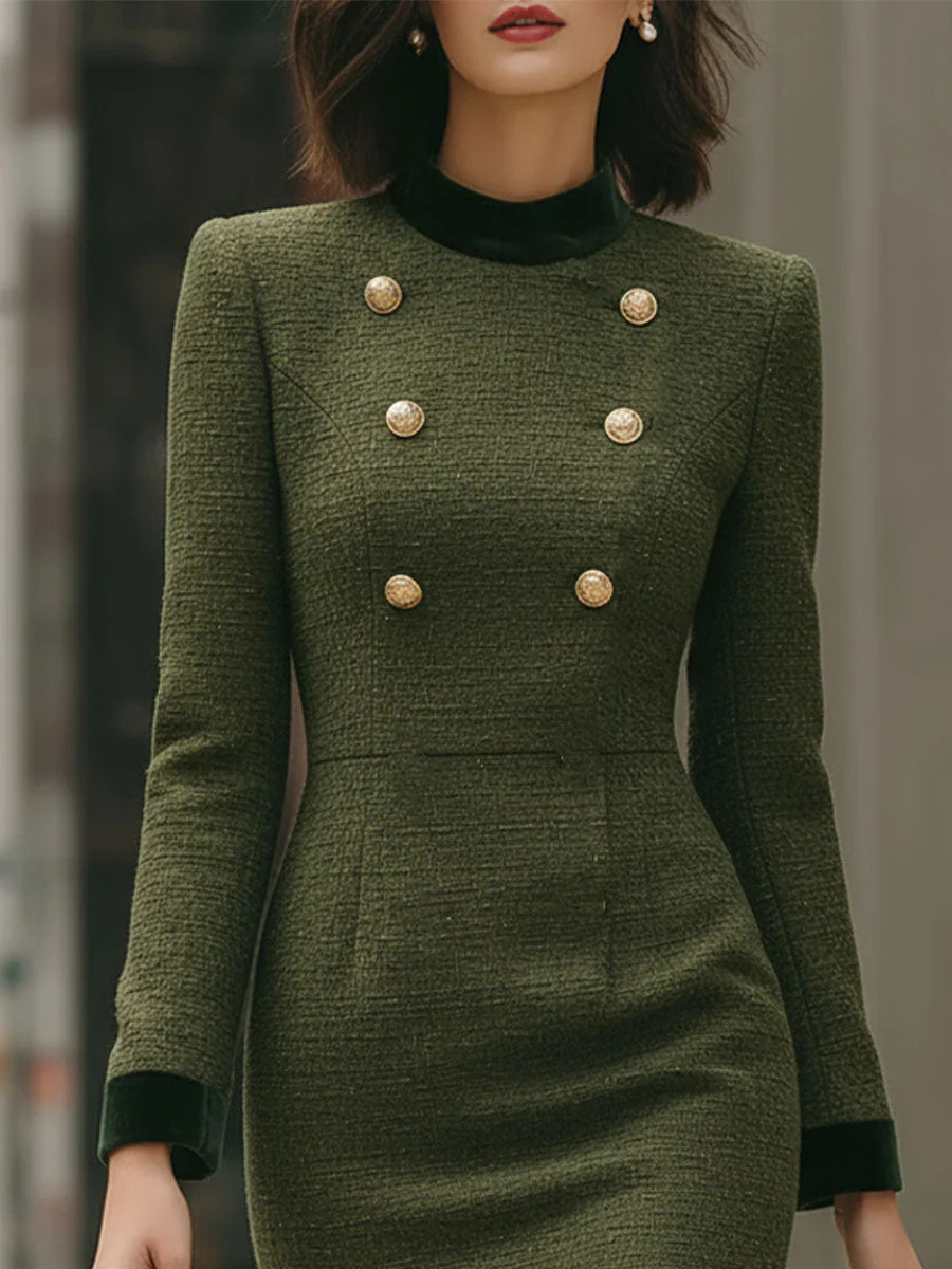 Elegant Olive Green Tweed Sheath Dress With Gold Buttons - Image 2