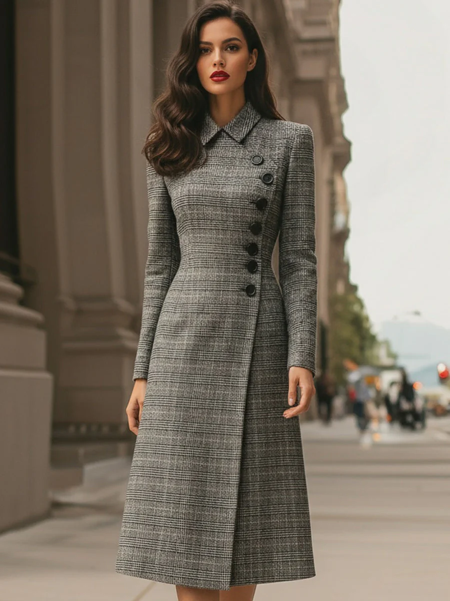 Elegant Plaid Asymmetric Button - Front Midi Dress - Image 2