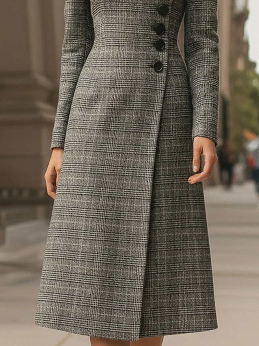 Elegant Plaid Asymmetric Button - Front Midi Dress - Image 4
