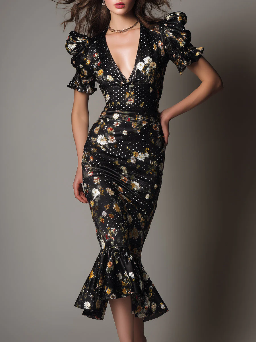 Elegant Polka Dot Satin Mermaid-style Short-sleeved Midi Dress
