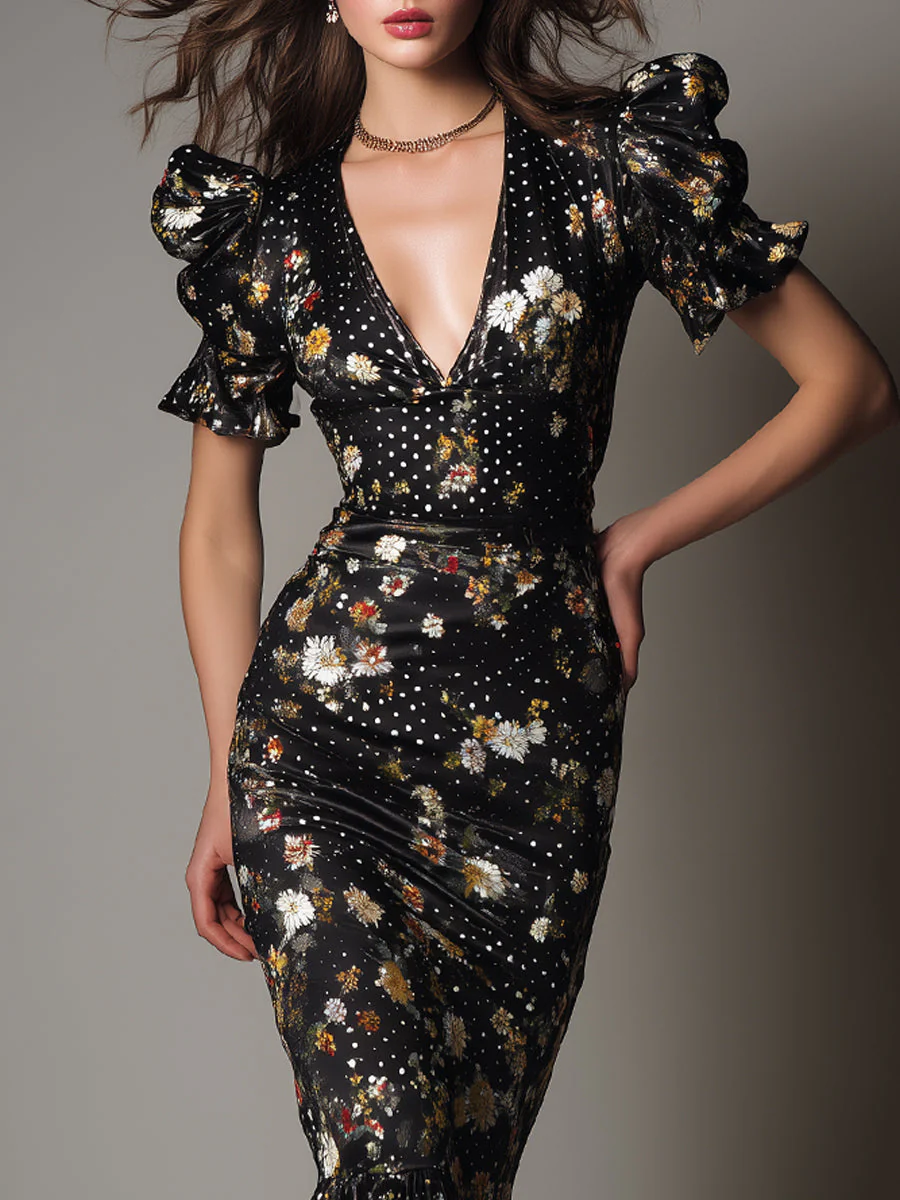 Elegant Polka Dot Satin Mermaid-style Short-sleeved Midi Dress - Image 2