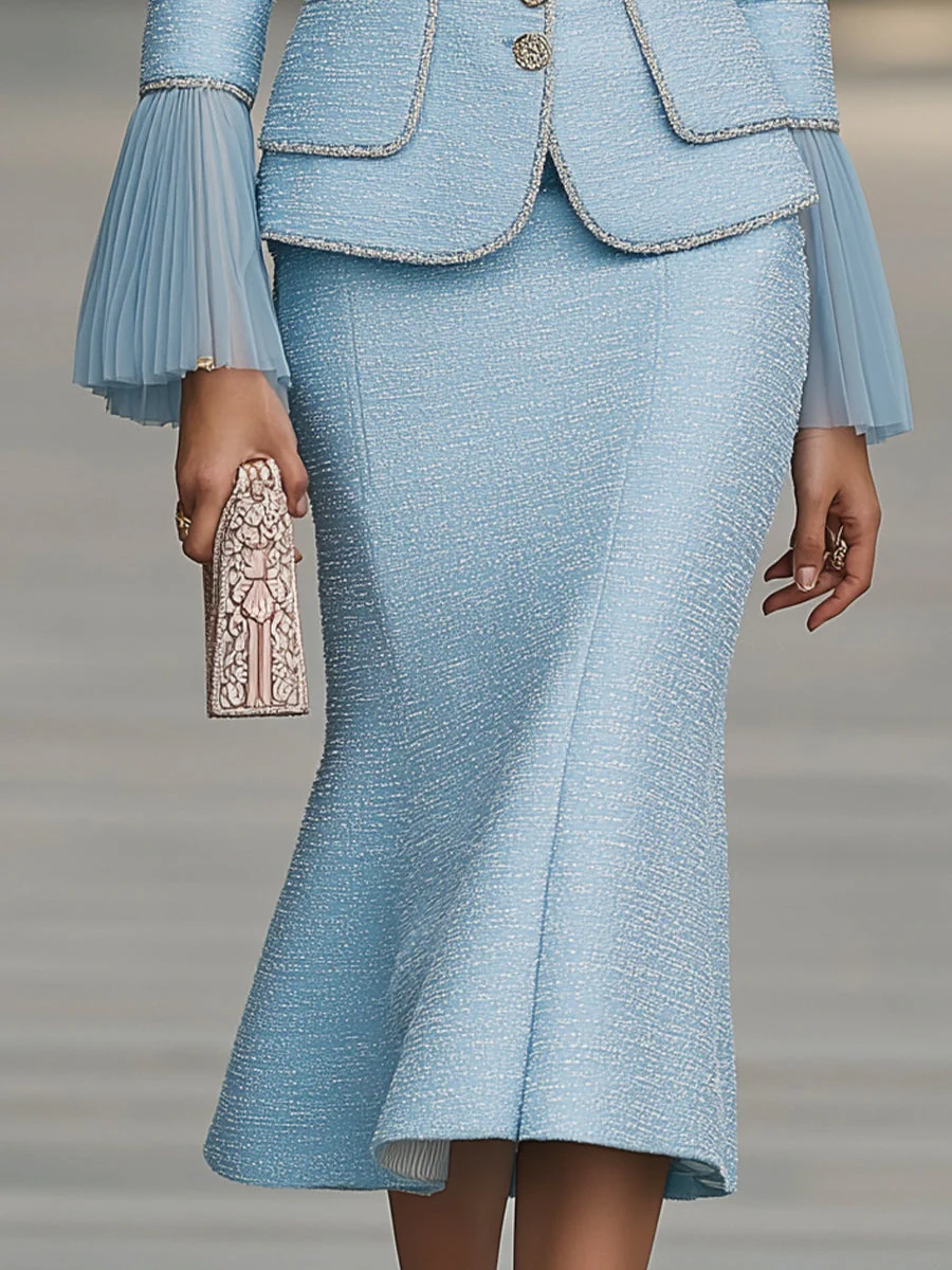 Elegant Powder Blue Tweed Skirt Suit Set - Image 3