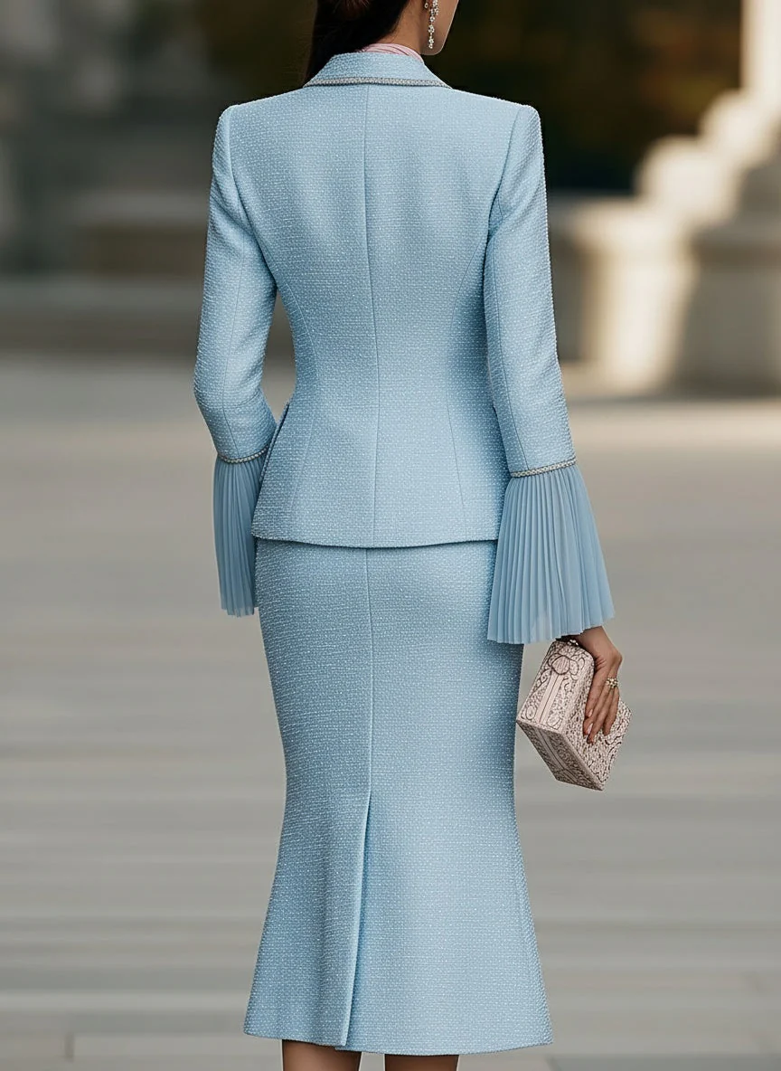 Elegant Powder Blue Tweed Skirt Suit Set - Image 4