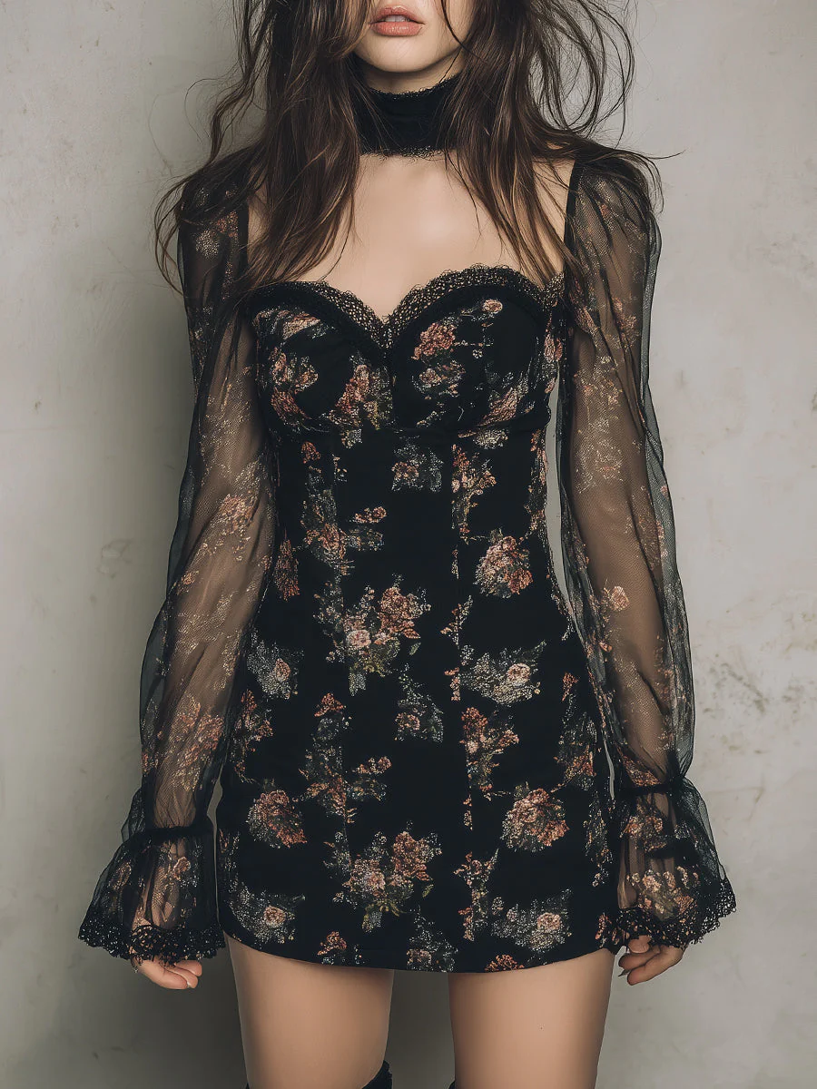 Elegant Printed Mesh Panel Mini Dress With Lace Trim