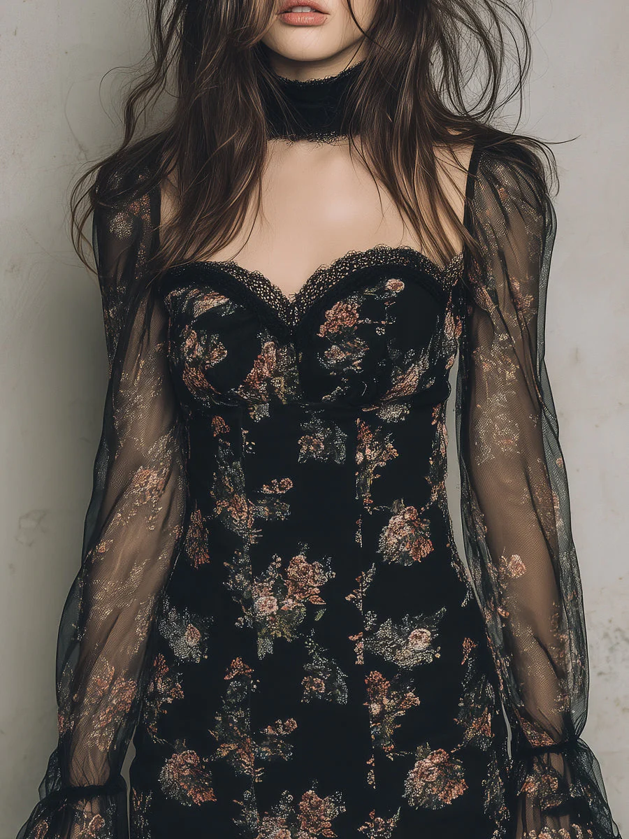Elegant Printed Mesh Panel Mini Dress With Lace Trim - Image 2
