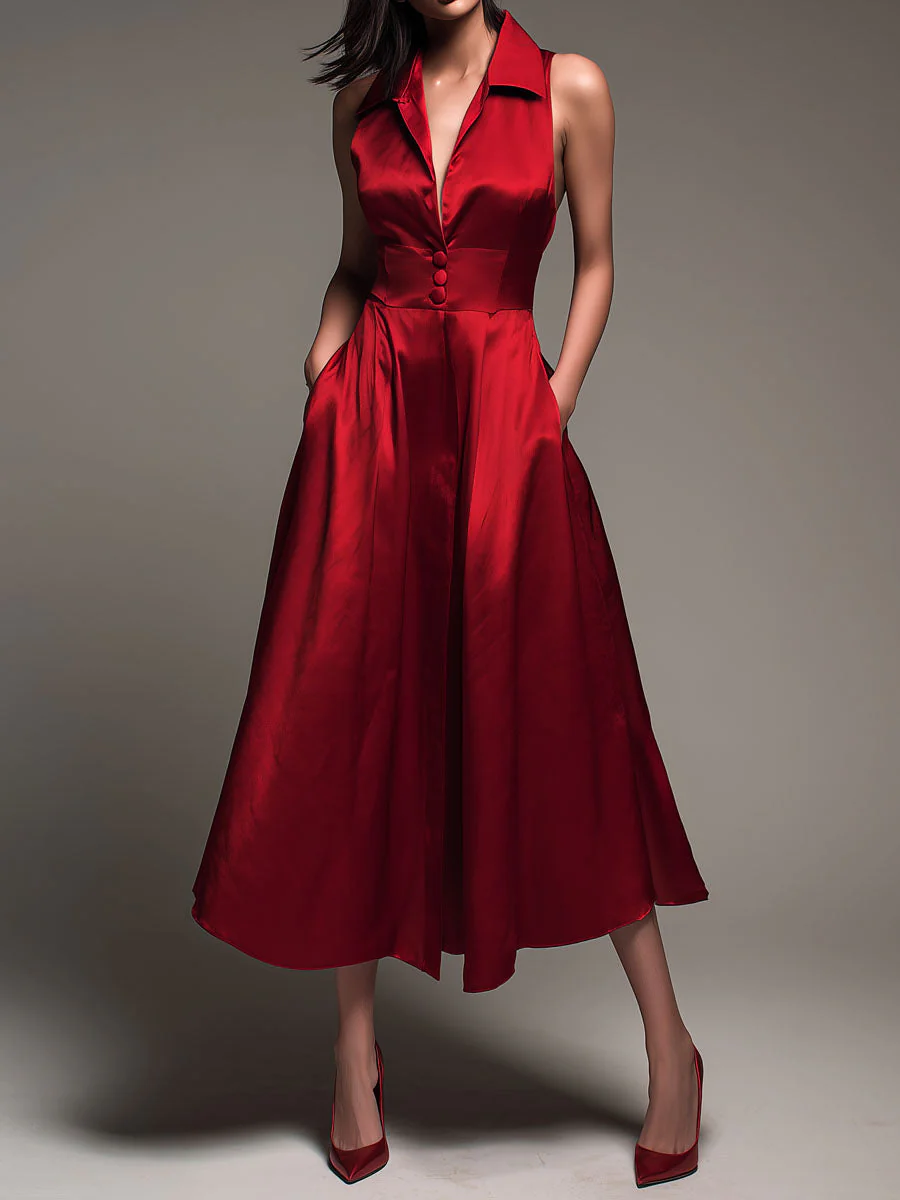 Elegant Red Satin Sleeveless Collared Fit-and-Flare Midi Dress