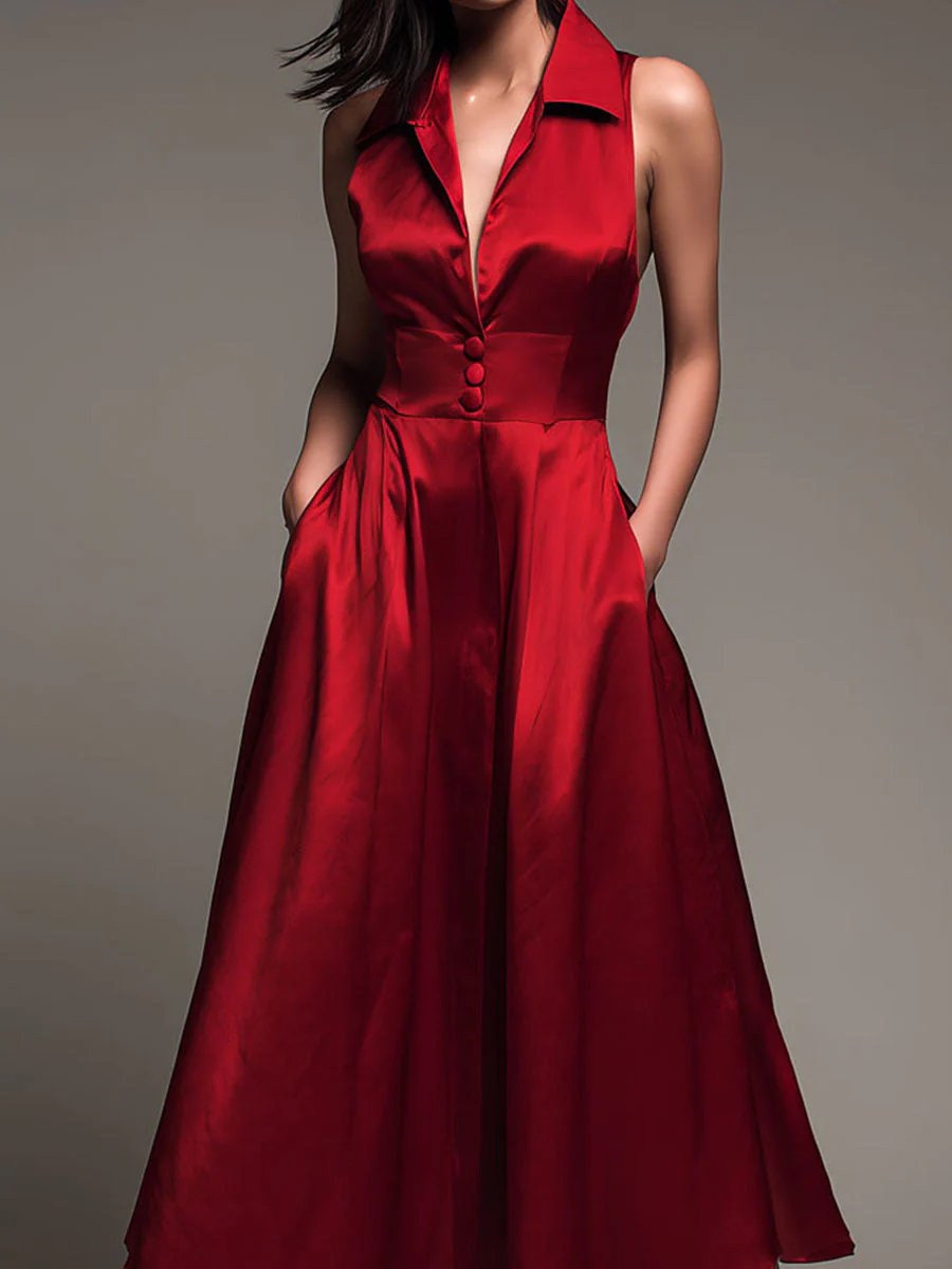 Elegant Red Satin Sleeveless Collared Fit-and-Flare Midi Dress - Image 2