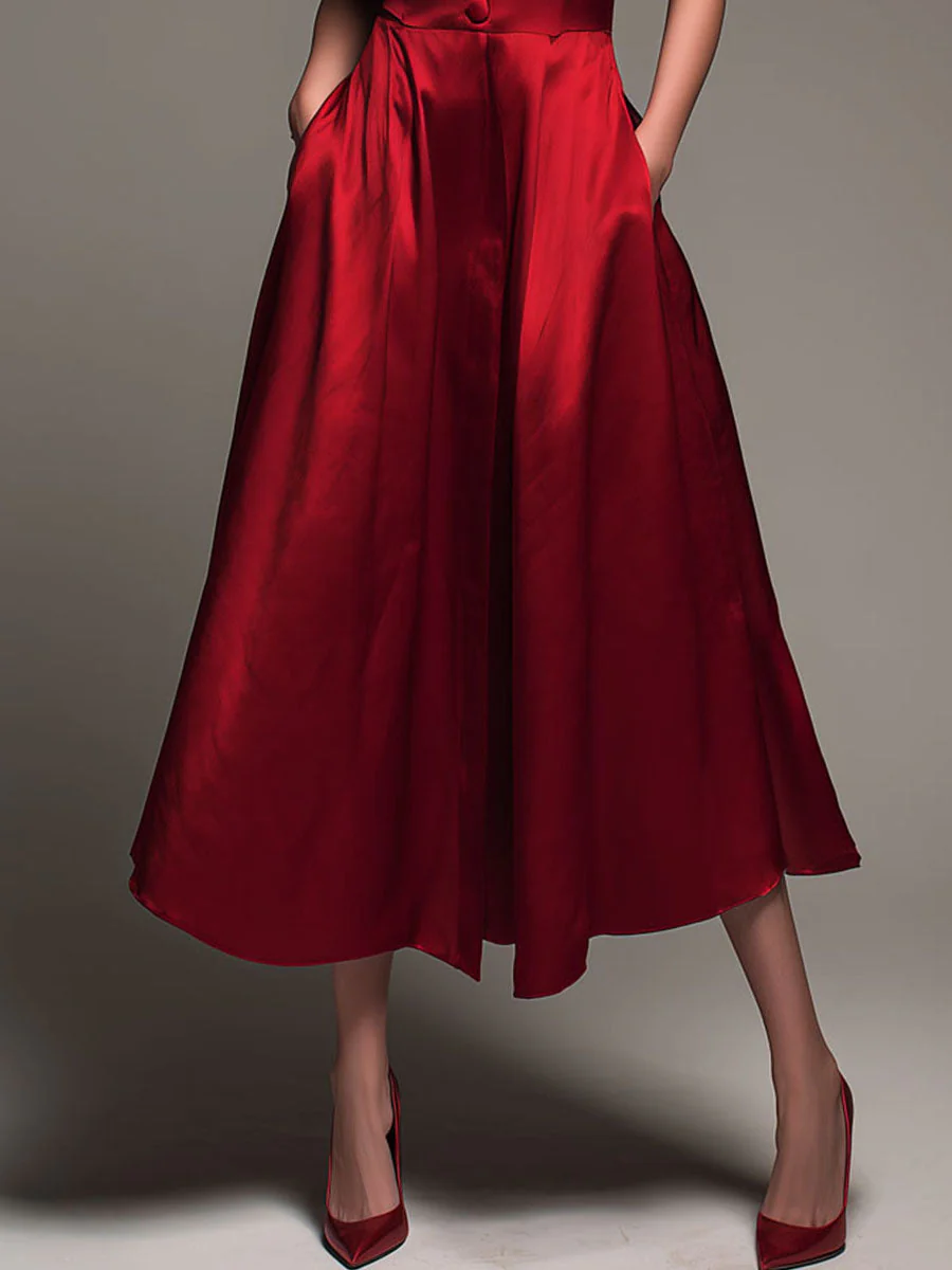 Elegant Red Satin Sleeveless Collared Fit-and-Flare Midi Dress - Image 3