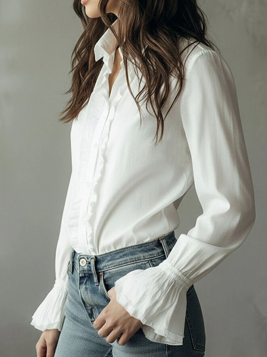 Elegant Ruffled Button-Down Long Sleeve Shirt With Flared Cuffs - Image 3