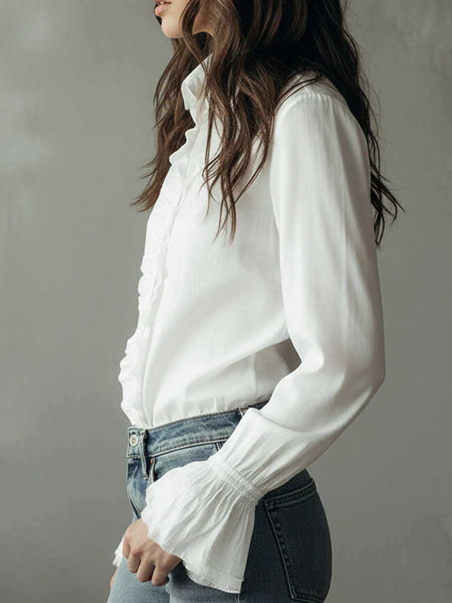 Elegant Ruffled Button-Down Long Sleeve Shirt With Flared Cuffs - Image 4