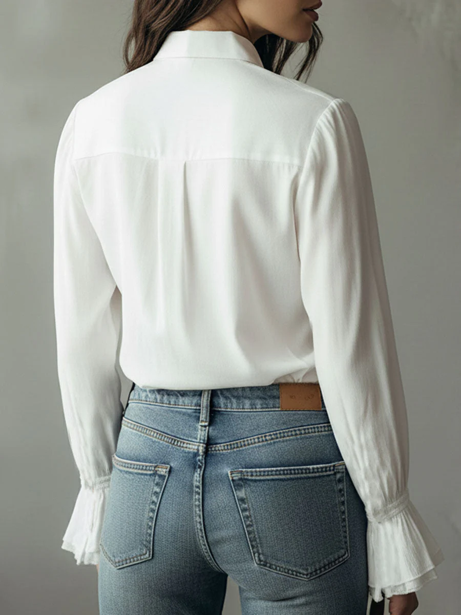 Elegant Ruffled Button-Down Long Sleeve Shirt With Flared Cuffs - Image 5