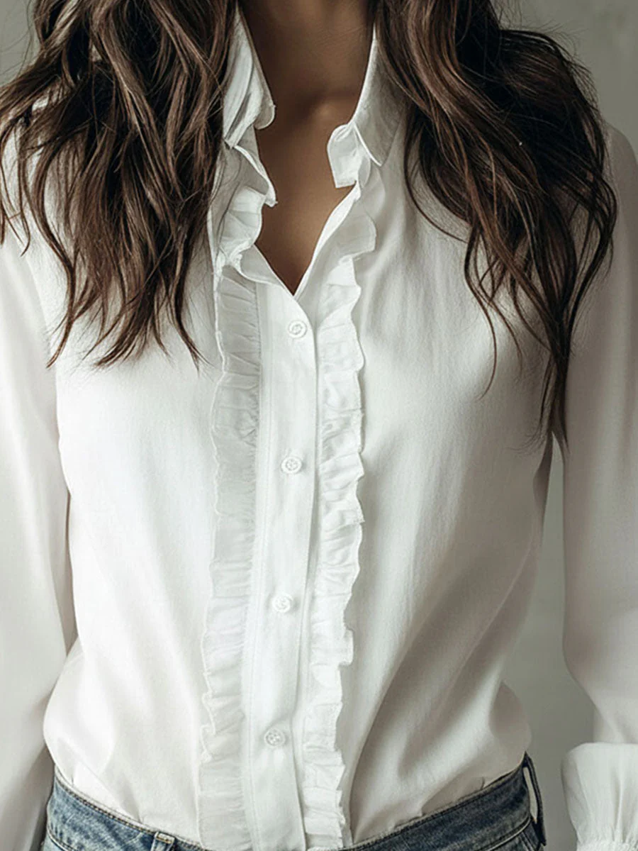 Elegant Ruffled Button-Down Long Sleeve Shirt With Flared Cuffs - Image 7