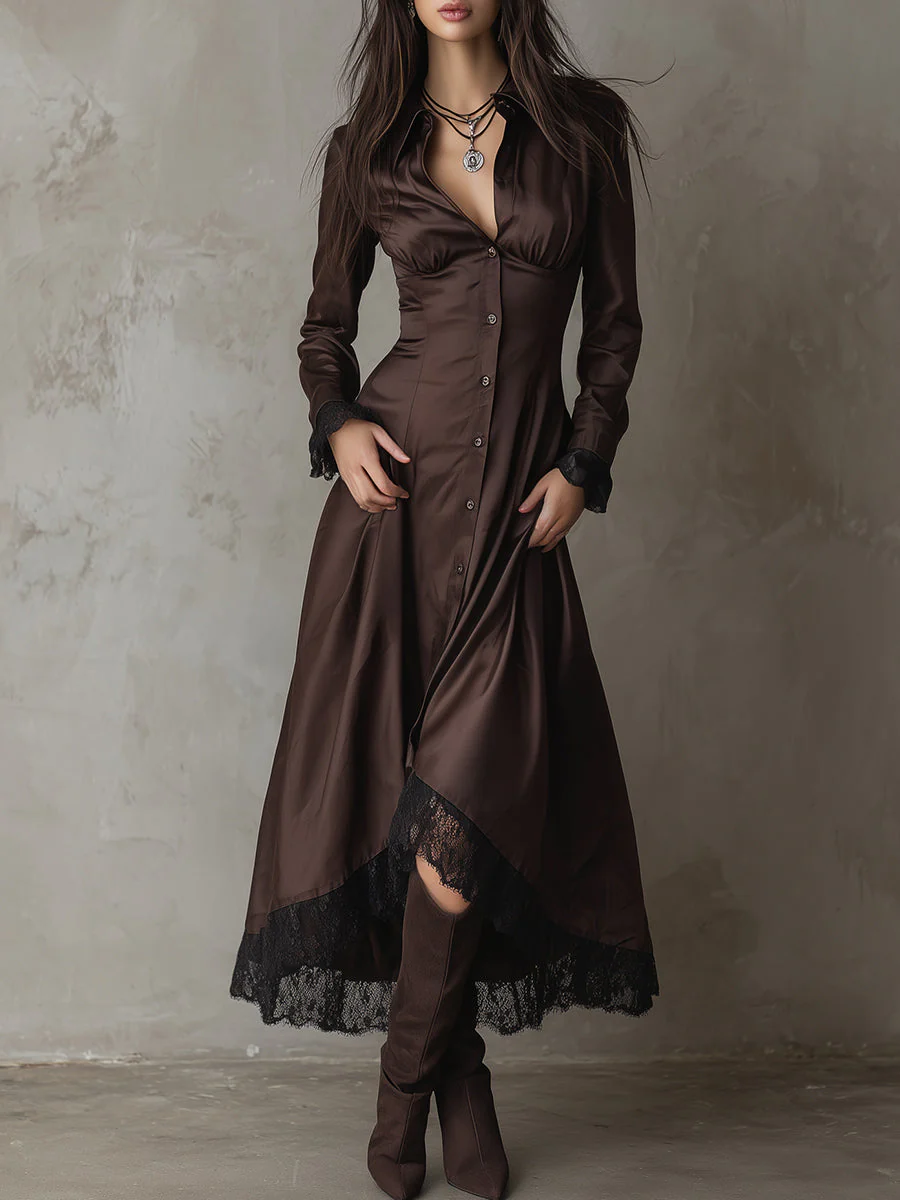 Elegant Satin Lace Single-breasted Patchwork A-line Midi Dress