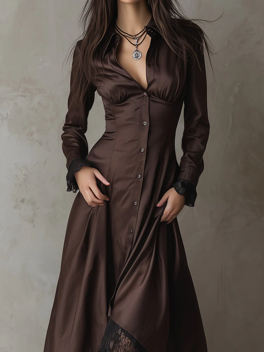 Elegant Satin Lace Single-breasted Patchwork A-line Midi Dress - Image 2