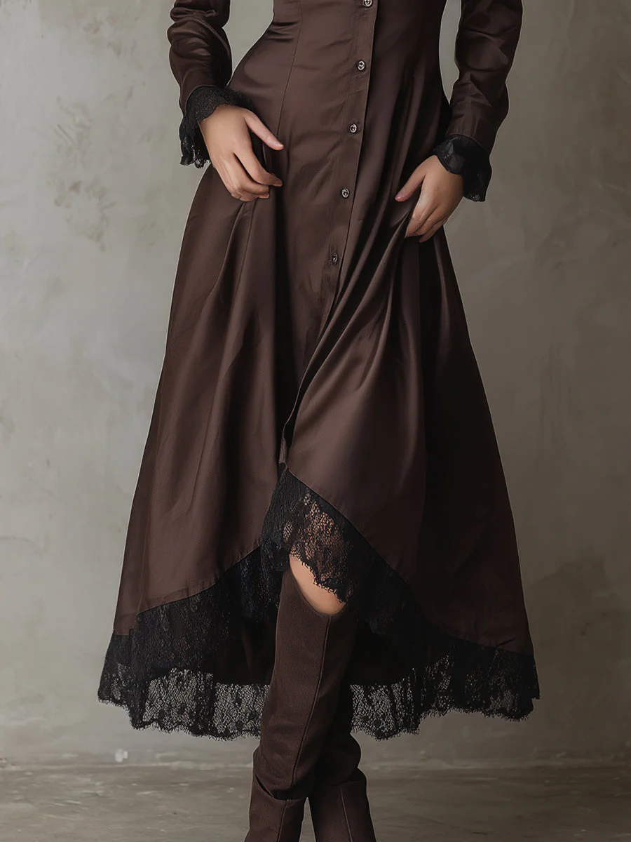 Elegant Satin Lace Single-breasted Patchwork A-line Midi Dress - Image 3