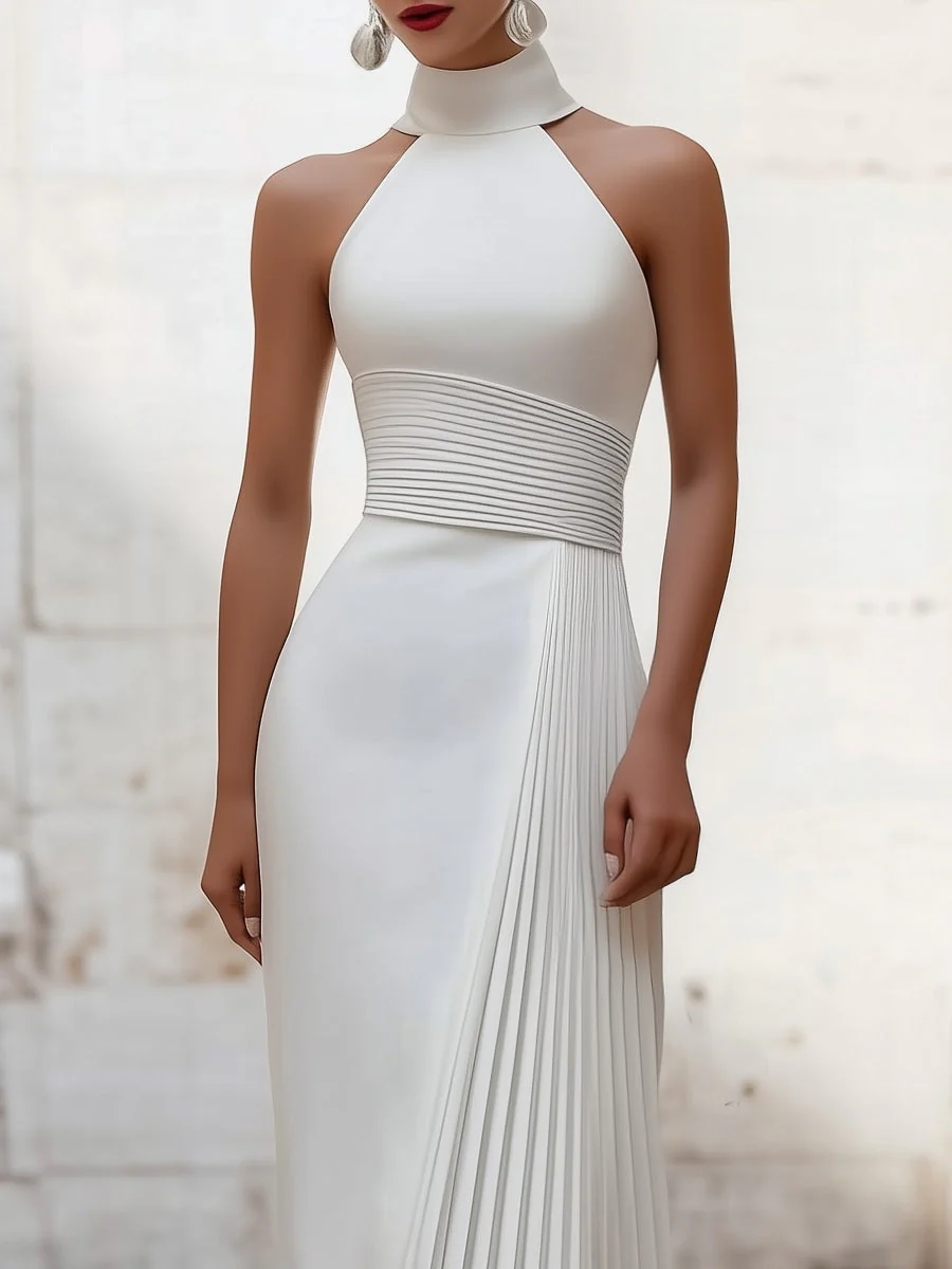 Elegant Satin Pleated Halter-Neck Evening Gown - Image 2