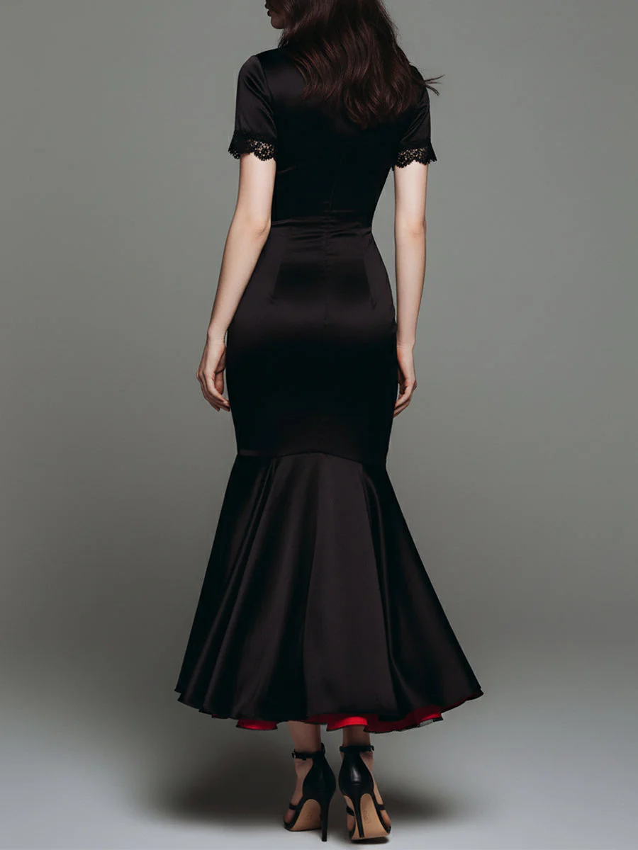 Elegant Satin Red Lined Fishtail Maxi Dress With Lace Trim - Image 3