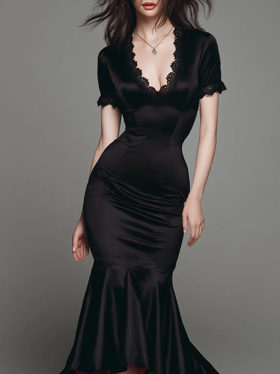 Elegant Satin Red Lined Fishtail Maxi Dress With Lace Trim - Image 4