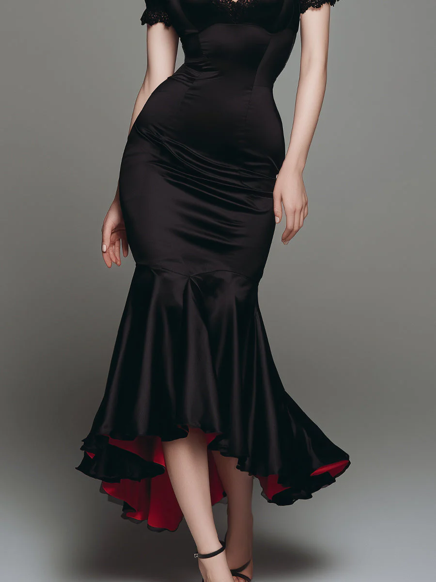 Elegant Satin Red Lined Fishtail Maxi Dress With Lace Trim - Image 5
