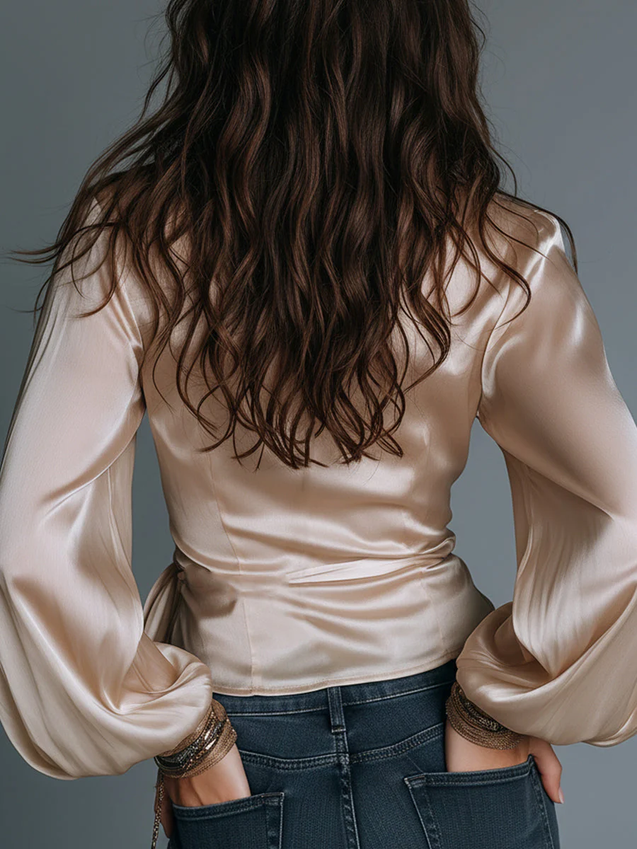 Elegant Satin Wrap Blouse With Side Ties - Image 3