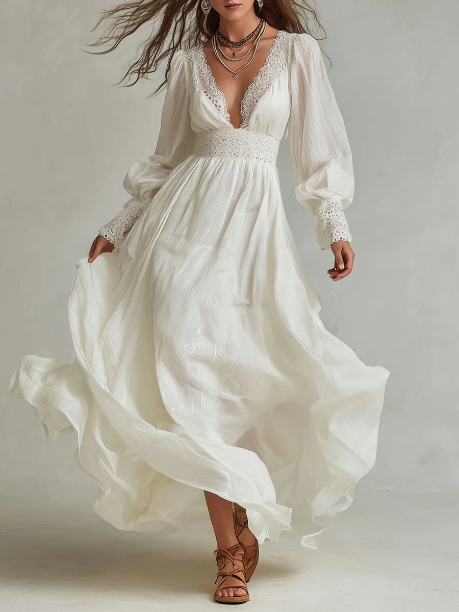 Elegant Shinny Chiffon Lace Splicing Maxi Dress