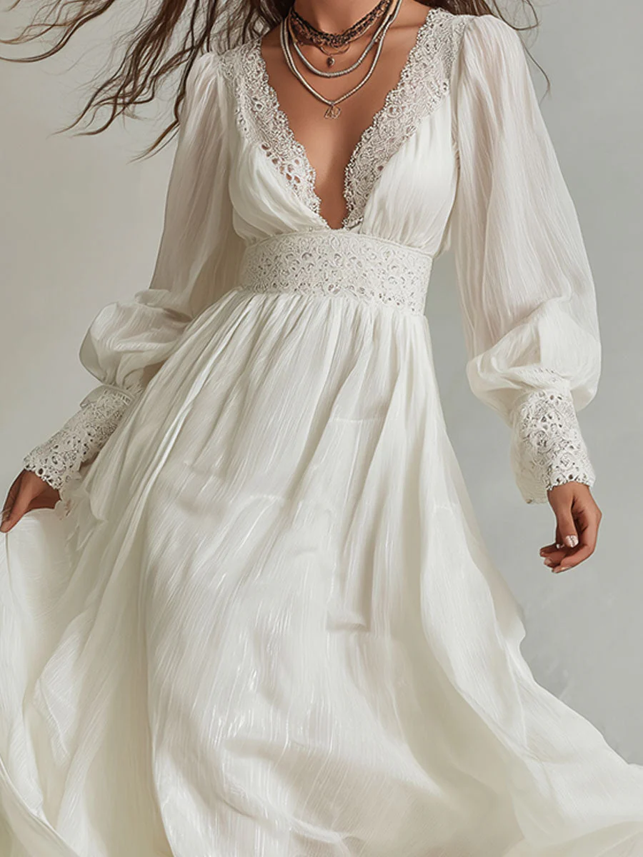 Elegant Shinny Chiffon Lace Splicing Maxi Dress - Image 2