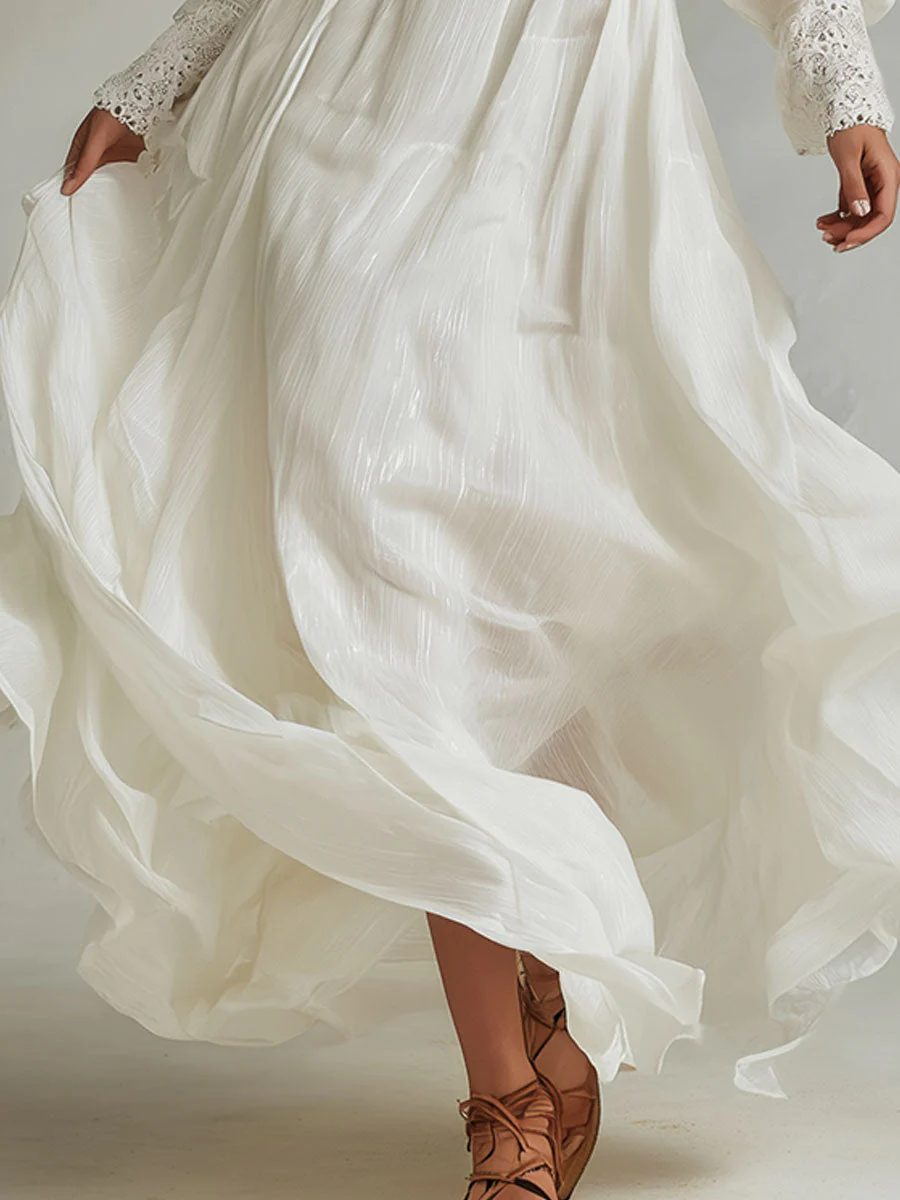 Elegant Shinny Chiffon Lace Splicing Maxi Dress - Image 3