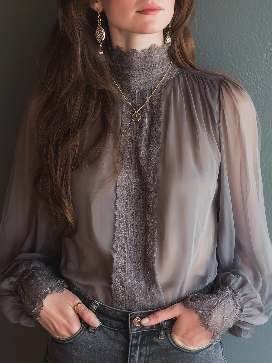 Elegant Stand-collar Chiffon Blouse With Lace Trim