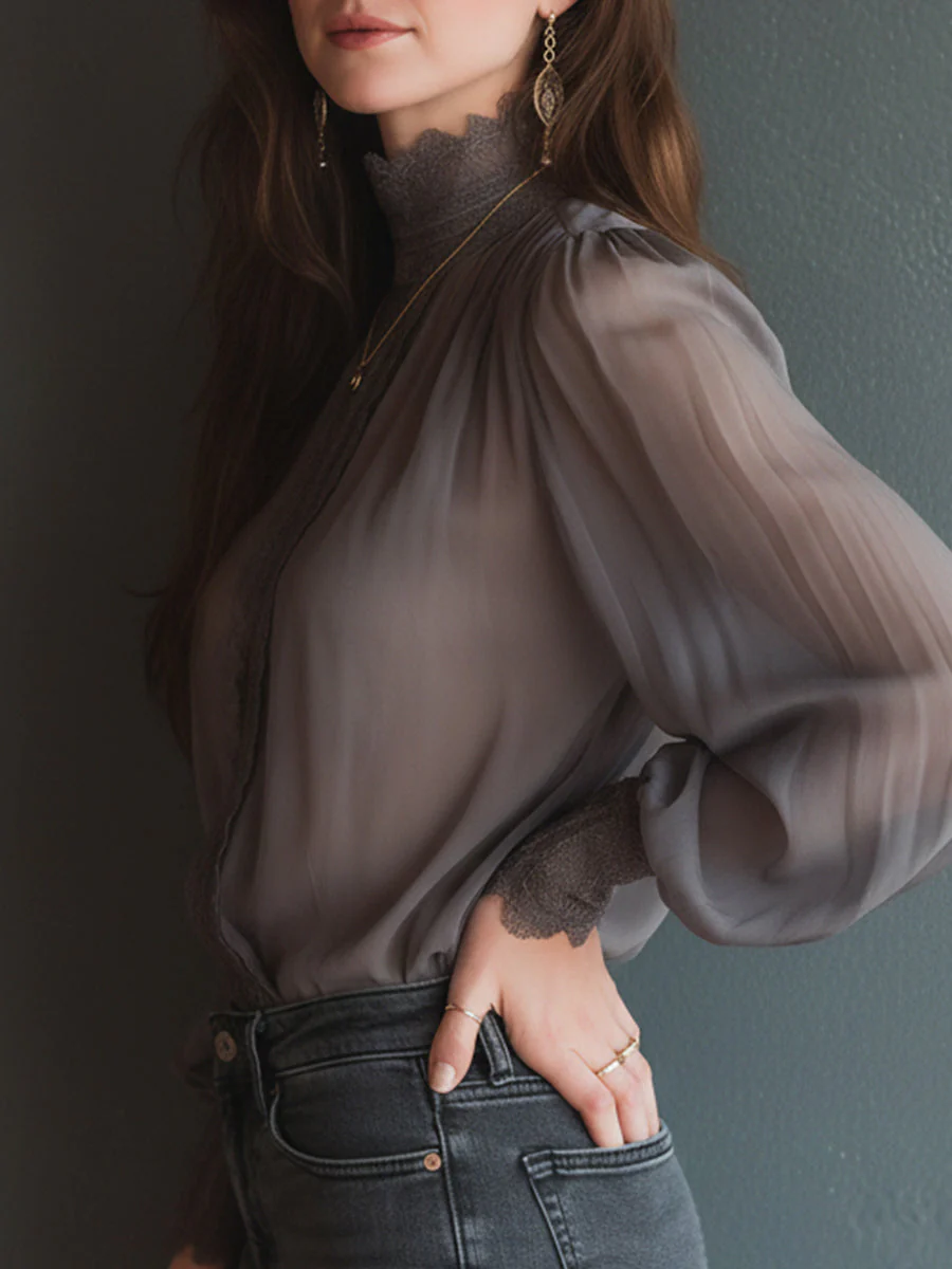 Elegant Stand-collar Chiffon Blouse With Lace Trim - Image 2