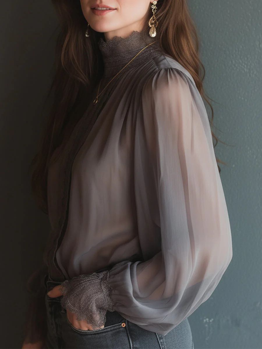 Elegant Stand-collar Chiffon Blouse With Lace Trim - Image 3