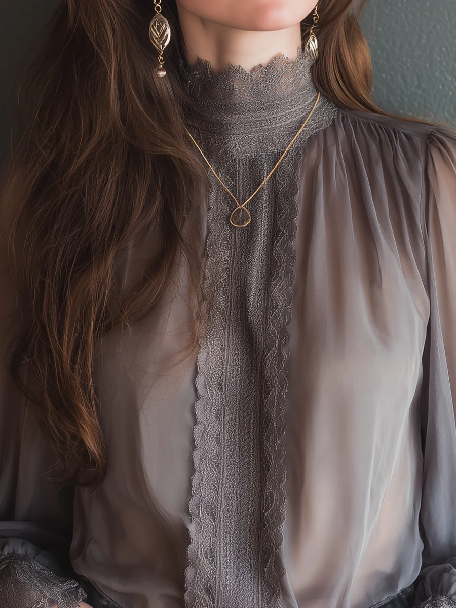 Elegant Stand-collar Chiffon Blouse With Lace Trim - Image 5