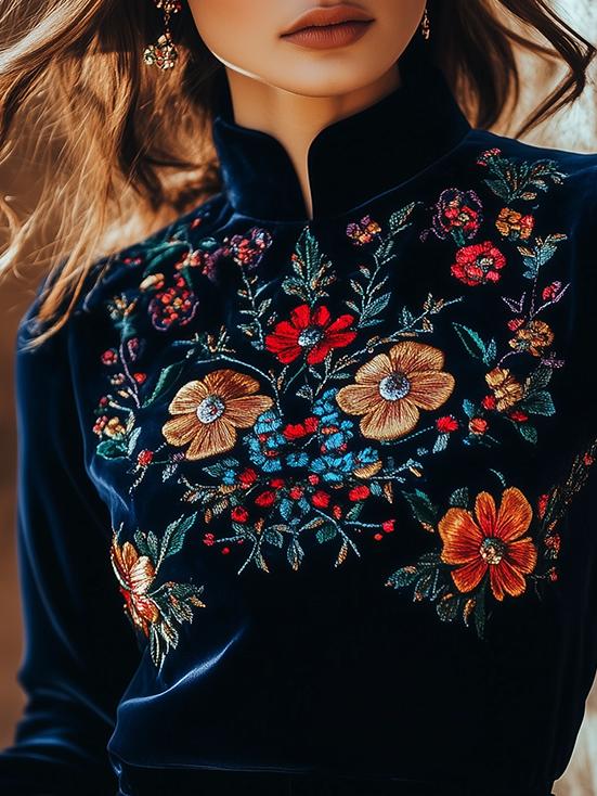 Elegant Stand Collar Embroidery Velvet Long Sleeves Top - Image 2