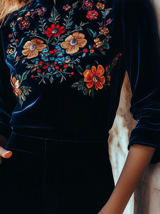 Elegant Stand Collar Embroidery Velvet Long Sleeves Top - Image 3