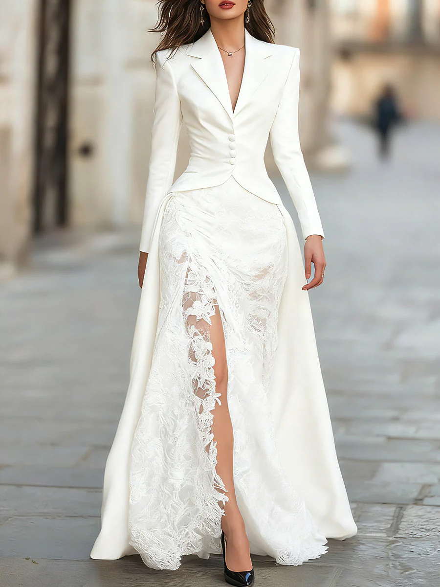 Elegant Tailored Blazer Panel Lace Gown Set - Image 6